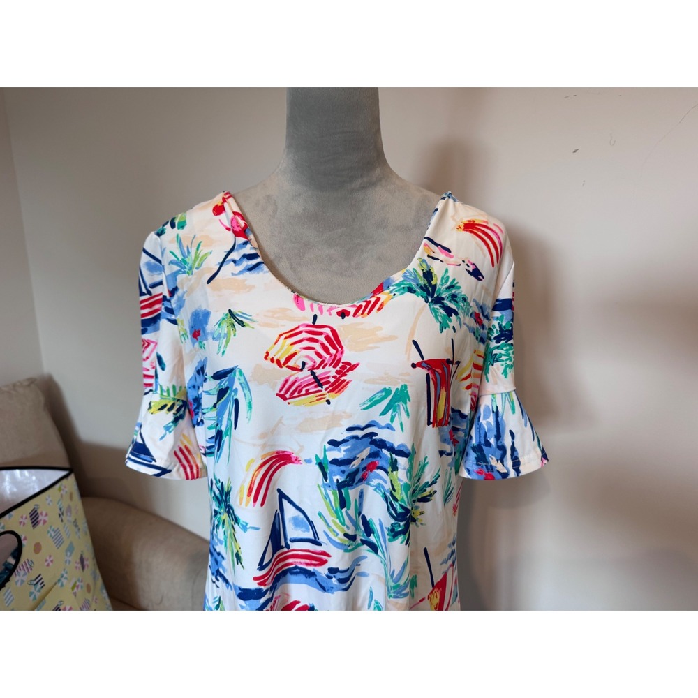 Aryeh Womens XL Tropical Beach Print Bell Sleeve V-Neck Shift Dress Multicolor - Picture 2 of 5
